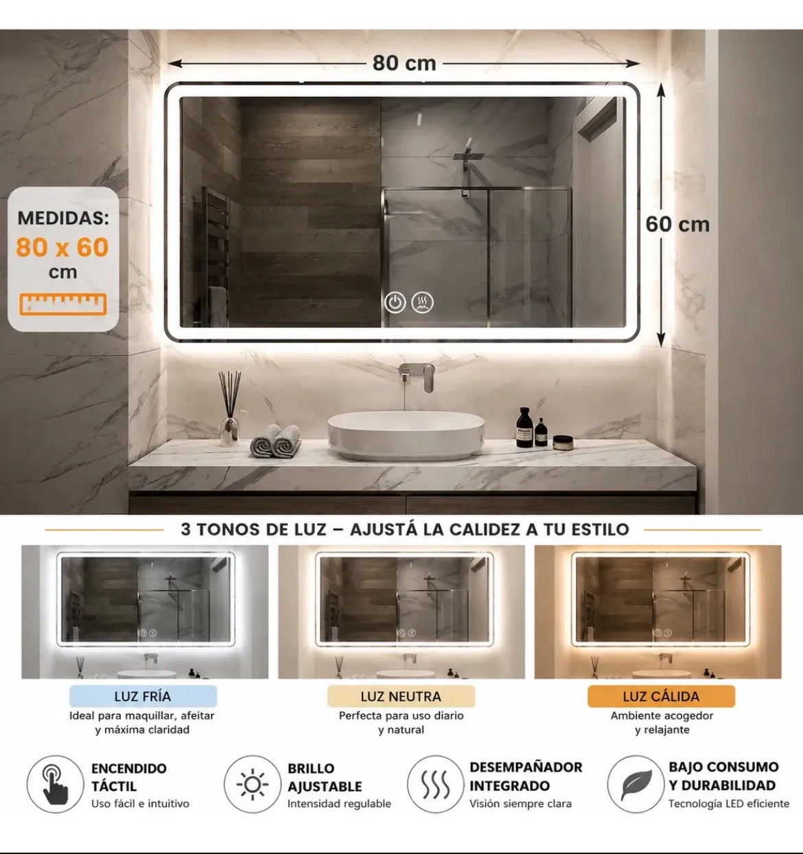 Espejo led 3 tonos y desempañador