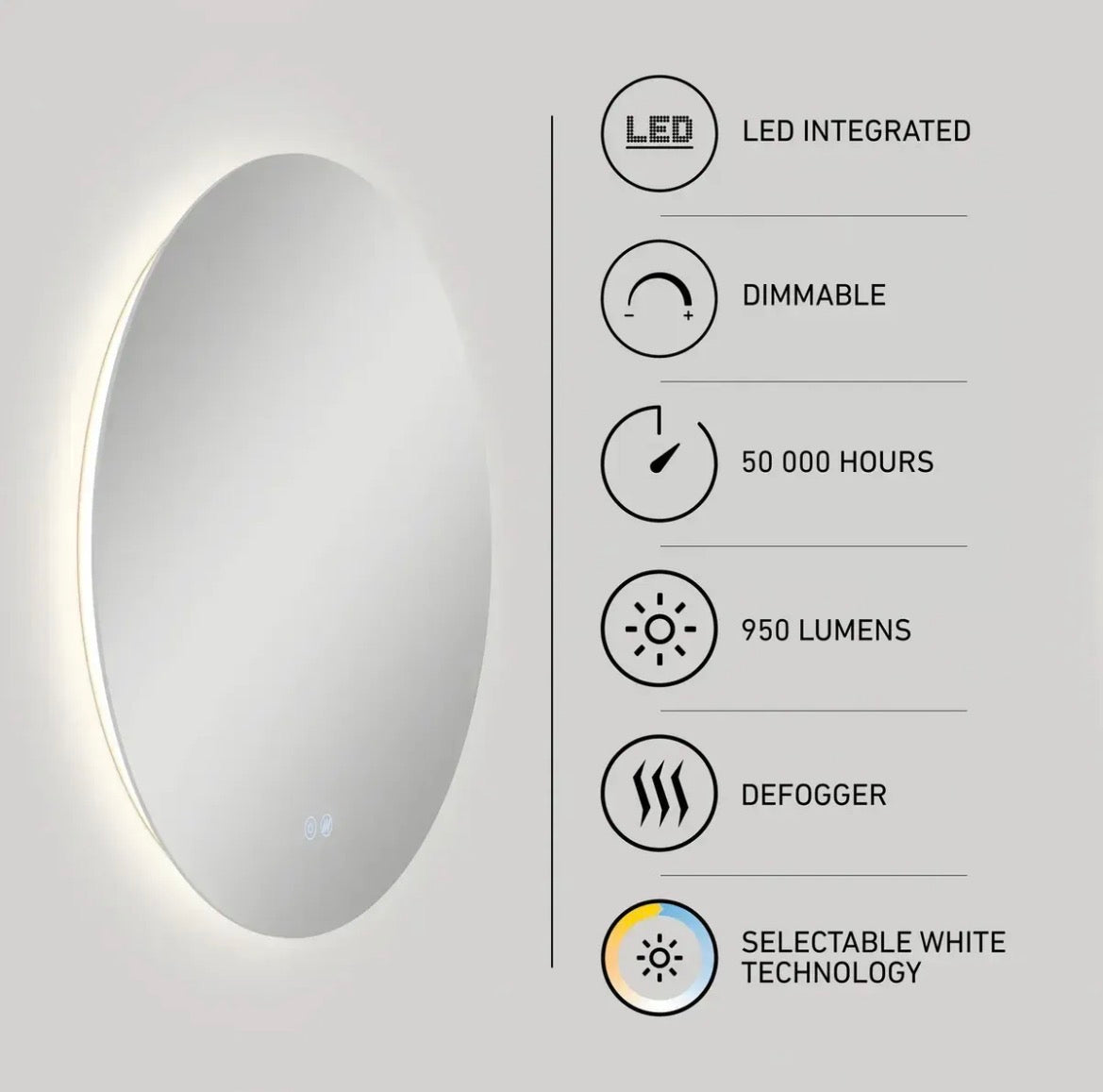 Espejo led 60 cm tres tonos y desempañador