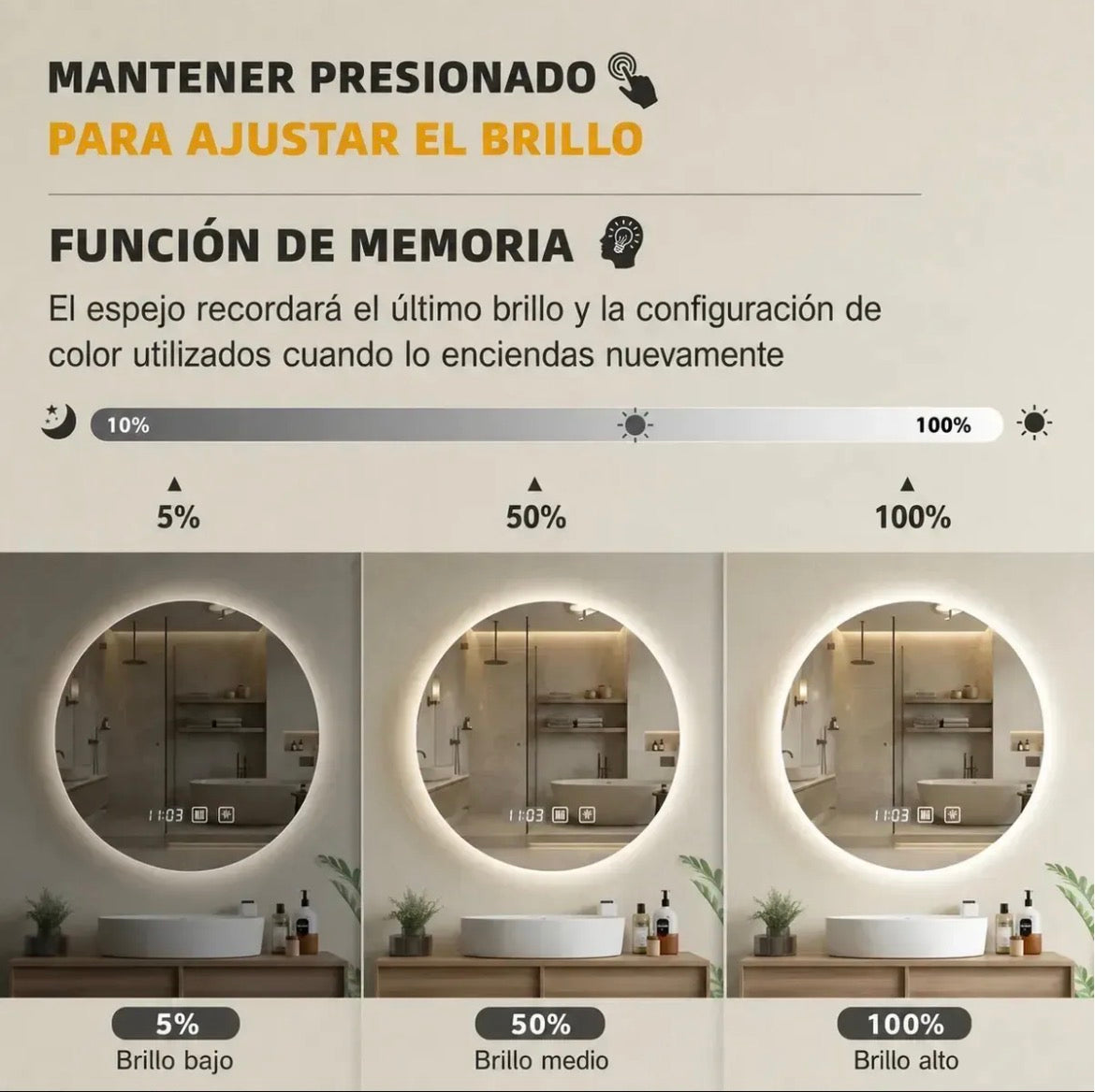 Espejo led 60 cm tres tonos y desempañador