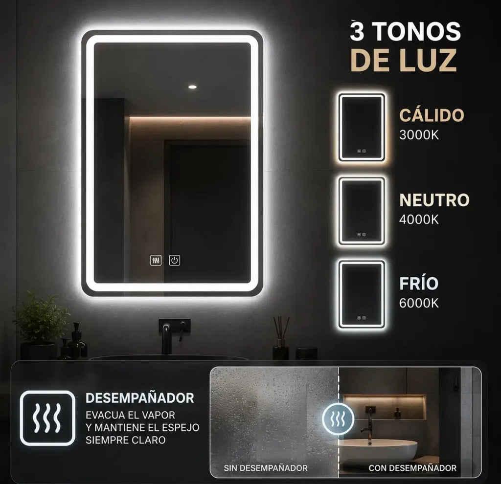 Espejo Led 50x70cm Sistema Desempañador Tres Tonos de Luz