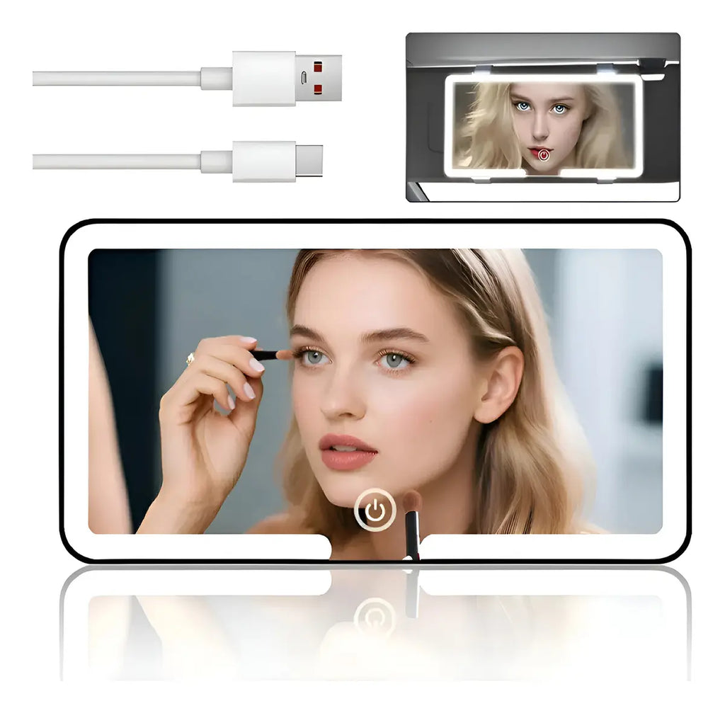 Espejo Maquillaje Auto Con 3 Luces Led Recargable Usb-c Base Negra