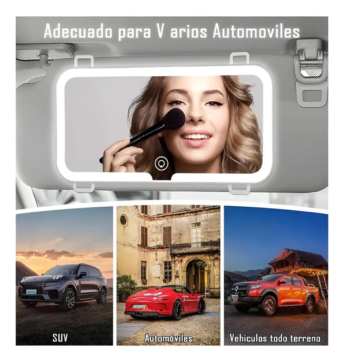 Espejo Maquillaje Auto Con 3 Luces Led Recargable Usb-c Base Negra
