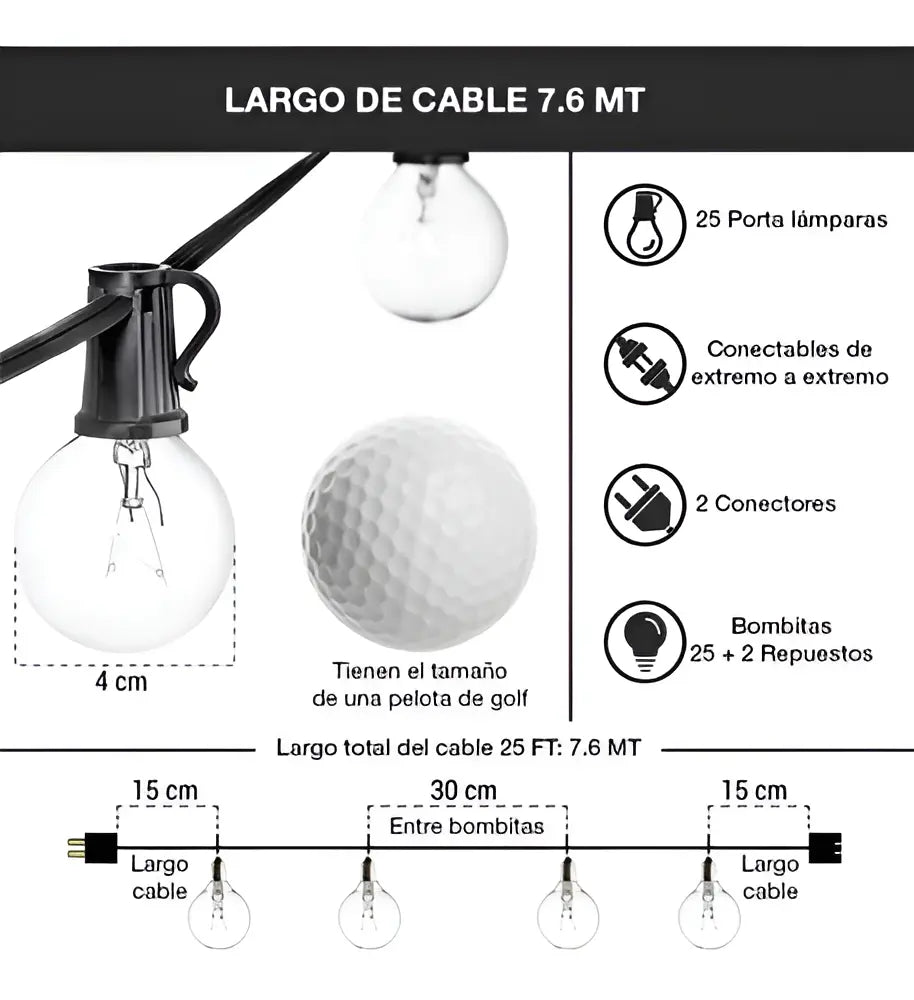Guirnalda Guía Colgante 7.6 Mt C/ 25 Luces Exterior Interior