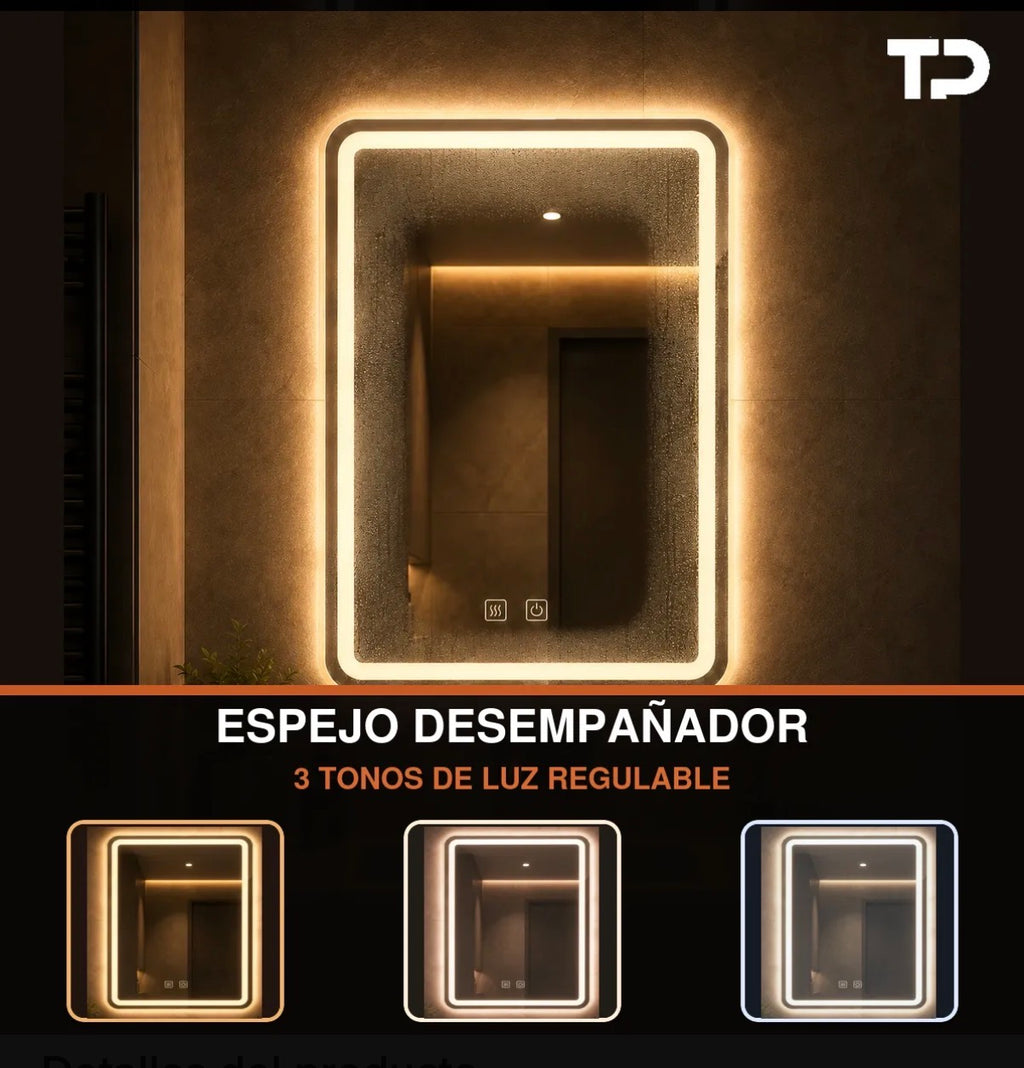 Espejo Led 50x70cm Sistema Desempañador Tres Tonos de Luz