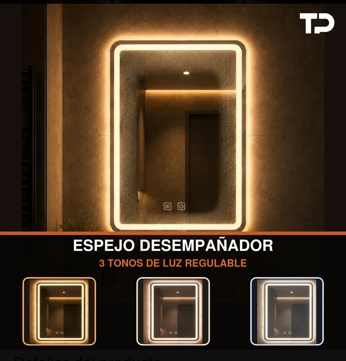 Espejo Led 50x70cm Sistema Desempañador Tres Tonos de Luz